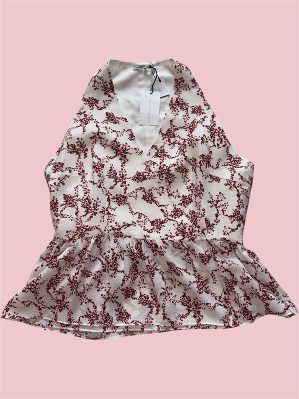 Emilia Wickstead Lucie White Sleeveless Peplum Blouse with Burgundy Floral Print